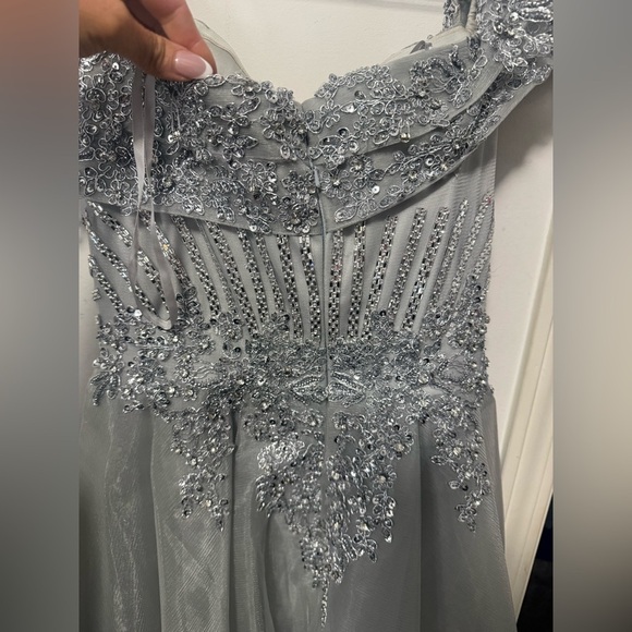 Andrea & Leo Couture
STYLE #MA103  Sz 10 Elegant Off-Shoulder Gray Evening Gown - Picture 16 of 17